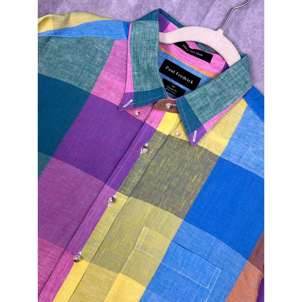Paul Fredrick Button Down Shirt Mens XLT Multicolor Excellent 100% Linen Plaid
